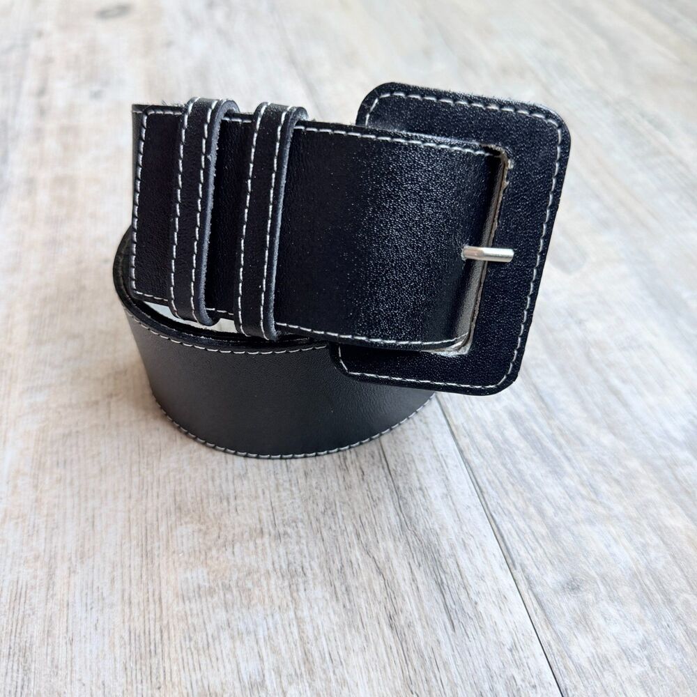 Vintage Wide Black Leather Belt Square Covered Buckle Size 30 Minimalist